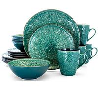 Elama Round Stoneware Embossed Dinnerware Dish Set, 16 Piece, Ocean Teal and Green