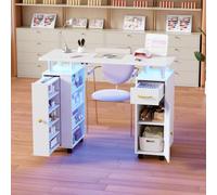 Elancee Nail Table with Dust Extraction, Professional Manicure Table for Nail Design, Sturdy Nail Studio Table with LED Lights, 1 Vertical Pull-Out Cabinets & Open Shelf, 2 Vacuum Cleaner Bags