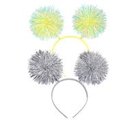 Elandy 2Pcs Foil Strips Pom Pom Headband Multi-Colored Tinsel Fluffy Ball Hair Loop Cute Hair Bands Cosplay Hair Accessories for Birthday Halloween Party (Random Color)