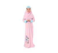 Elanesa Girls prayer clothes kids Islamic clothing 2 piece set prayer clothes sleeve cuffed maxi dress with a head scarf and A rosary gift Flowers Printed (100,6-7, Pink)