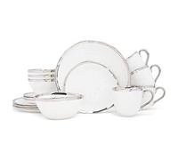 Elanze Designs 16-Piece Metallic Bubble Porcelain Ceramic Plates Bowls Mugs Dinnerware Set - Service for 4, White With Silver Accents