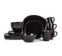 Elanze Designs 16-Piece Modern Luxury Chic Smooth Vintage Handmade Shape High Gloss Ceramic Stoneware Square Plate Mug & Bowl Kitchen Dinnerware 16 Piece Set - Service for 4, Black