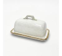 Elanze Designs 7.5-Inch Latte Splatter Ceramic Butter Dish with Lid, Covered Stoneware Butter Keeper Plate with Easy-Grip Handle, Rustic Farmhouse Style Cream White Kitchen Table Serving Ware