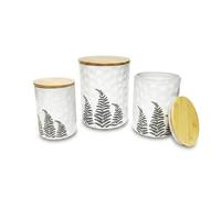 Elanze Designs Set of 3 White Ceramic Kitchen Canisters with Bamboo Lids, Textured Hammered Sugar Flour Jar Storage Organizers, Black Fern Leaf Botanical Pattern Decorative Food Storage Containers