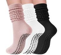Elapse Space 3 Pairs Grip Pilates Socks for Women Non Slip Long Slouchy Socks for Yoga Barre Workout Hospital, 3 Pairs-white/Black/Pink, One size