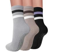 Elapse Space 3 Pairs Pilates Socks with Grips for Women Non Slip Grip Socks for Yoga Barre Hospital Workout, 3 Pairs-striped Black/Dark Grey/Khaki, One size