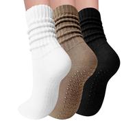 Elapse Space 3 Pairs Pilates Socks with Grips for Women Yoga Slouch Grippy Socks for Barre Workout Hospital, 3 Pairs-white/Black/Khaki, One size
