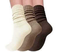 Elapse Space 3 Pairs Pilates Socks with Grips for Women Yoga Slouch Grippy Socks for Barre Workout Hospital, 3 Pairs-beige/Brown/Khaki, One size