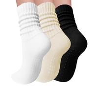 Elapse Space 3 Pairs Pilates Socks with Grips for Women Yoga Slouch Grippy Socks for Barre Workout Hospital, 3 Pairs-white/Black/Beige, One size