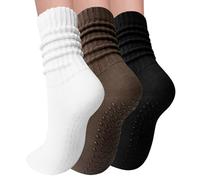 Elapse Space 3 Pairs Pilates Socks with Grips for Women Yoga Slouch Grippy Socks for Barre Workout Hospital, 3 Pairs-white/Black/Brown, One size
