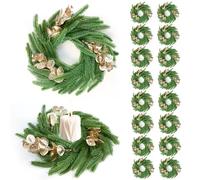 ElasignShopo 16 Pcs Norfolk Pine Christmas Candle Rings Artificial Norfolk Wreath Candle Holder with Gold Leaves Realistic Evergreen Candle Ring Holder Christmas Tables Centerpieces Cabinet Decor