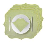 ElasignShopo Set of 4 Cotton Linen Placemats, 16 x 18 Scalloped Wavy Embroidery Cloth Placemat Double Layered Fabric Machine Washable Wrinkle Free Dining Table Mats for Wedding Party Decor, Green