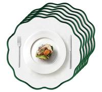 ElasignShopo Set of 6 Christmas Cotton Linen Placemats 15 Inch Round Linen Placemats with Green Scalloped Edge Handcrafted Machine Washable Wrinkle Free Dining Table Mats for Christmas Table Decor
