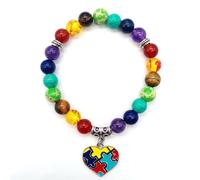 Elastic Autism Support Bracelet - Colorful 7 Chakra Beads with Heart Cross Puzzle Charms Jewelry Gift for Autistic Population Teachers & Advocates