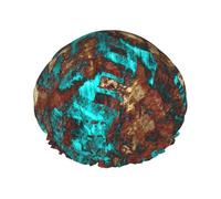 Elastic Band Waterproof Shower Cap, Double Layers Reusable Shower Cap for Women, Abstract Distressed Turquoise Cream Brown Texture