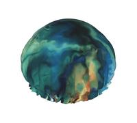 Elastic Band Waterproof Shower Cap, Double Layers Reusable Shower Cap for Women, Abstract Marbled Ocean Navy Blue Teal Green