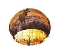 Elastic Band Waterproof Shower Cap, Double Layers Reusable Shower Cap for Women, Antler Red Deer Print