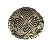 Elastic Band Waterproof Shower Cap, Double Layers Reusable Shower Cap for Women, Art Deco Black Champaigne Gold Scales Seashells