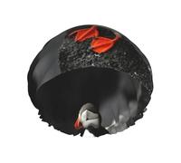 Elastic Band Waterproof Shower Cap, Double Layers Reusable Shower Cap for Women, Atlantic Puffin Bird Beak Sit Rock
