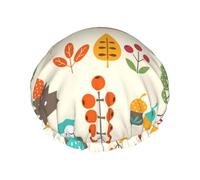 Elastic Band Waterproof Shower Cap, Double Layers Reusable Shower Cap for Women, Autumn Pattern With Owl Fox Squirrel Birds Animal Print