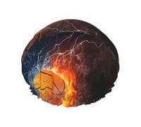 Elastic Band Waterproof Shower Cap, Double Layers Reusable Shower Cap for Women, Basketball Ball On Fire And Water