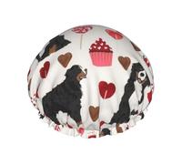 Elastic Band Waterproof Shower Cap, Double Layers Reusable Shower Cap for Women, Bernese Mountain Dog Valentines Day Design Love Dogs Cream