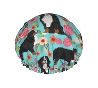 Elastic Band Waterproof Shower Cap, Double Layers Reusable Shower Cap for Women, Bernese Mountain Dog Florals Dog