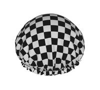Elastic Band Waterproof Shower Cap, Double Layers Reusable Shower Cap for Women, Black And White Plaid Gingham Checkered