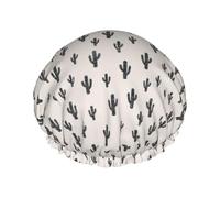 Elastic Band Waterproof Shower Cap, Double Layers Reusable Shower Cap for Women, Black Cactus