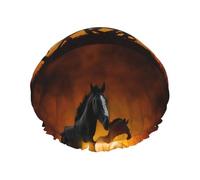 Elastic Band Waterproof Shower Cap, Double Layers Reusable Shower Cap for Women, Black Horses Red Glowing Clouds Printing