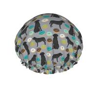 Elastic Band Waterproof Shower Cap, Double Layers Reusable Shower Cap for Women, Black Labrador Donuts Cute Lab Dog Best Labrador