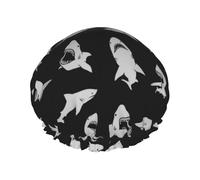 Elastic Band Waterproof Shower Cap, Double Layers Reusable Shower Cap for Women, Black Sharks Fish