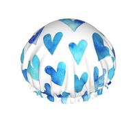 Elastic Band Waterproof Shower Cap, Double Layers Reusable Shower Cap for Women, Blue Heart Elegant Romantic Unique