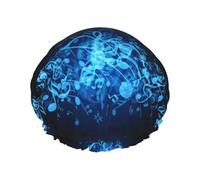 Elastic Band Waterproof Shower Cap, Double Layers Reusable Shower Cap for Women, Blue Musical Notes Printed