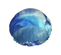 Elastic Band Waterproof Shower Cap, Double Layers Reusable Shower Cap for Women, Blue Ocean Dolphin Print