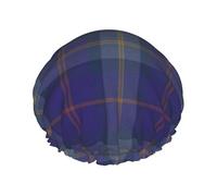 Elastic Band Waterproof Shower Cap, Double Layers Reusable Shower Cap for Women, Blue Tartan