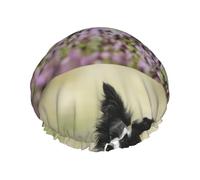 Elastic Band Waterproof Shower Cap, Double Layers Reusable Shower Cap for Women, Border Collie Lawn Black Border Collie Pets