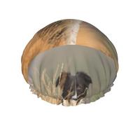 Elastic Band Waterproof Shower Cap, Double Layers Reusable Shower Cap for Women, Border Collie Lawn Pets Black White Border