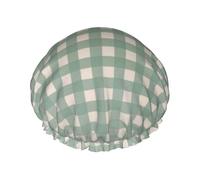 Elastic Band Waterproof Shower Cap, Double Layers Reusable Shower Cap for Women, Buffalo Checks Plaid In Sage Green On Cream