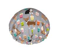 Elastic Band Waterproof Shower Cap, Double Layers Reusable Shower Cap for Women, Chihuahua Bubble Tea