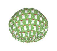 Elastic Band Waterproof Shower Cap, Double Layers Reusable Shower Cap for Women, Christmas Maltese Dogs On Fern Green Medium Scale
