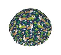 Elastic Band Waterproof Shower Cap, Double Layers Reusable Shower Cap for Women, Corgi Frog Cute Size Dog Design