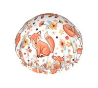 Elastic Band Waterproof Shower Cap, Double Layers Reusable Shower Cap for Women, Cute Cartoon Red Foxes