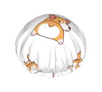Elastic Band Waterproof Shower Cap, Double Layers Reusable Shower Cap for Women, Cute Corgi Butt