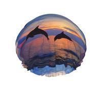Elastic Band Waterproof Shower Cap, Double Layers Reusable Shower Cap for Women, Cute Dolphin Printed