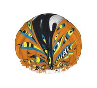 Elastic Band Waterproof Shower Cap, Double Layers Reusable Shower Cap for Women, Cute Orca Whale Orange Doodle Splash