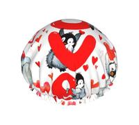 Elastic Band Waterproof Shower Cap, Double Layers Reusable Shower Cap for Women, Cute Penguins Valentine Day