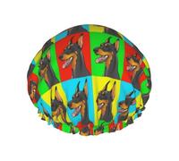 Elastic Band Waterproof Shower Cap, Double Layers Reusable Shower Cap for Women, Doberman Pinscher Dogs