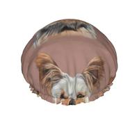 Elastic Band Waterproof Shower Cap, Double Layers Reusable Shower Cap for Women, Dog Cute Yorkshire Terrier Teacup