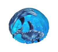 Elastic Band Waterproof Shower Cap, Double Layers Reusable Shower Cap for Women, Dolphins